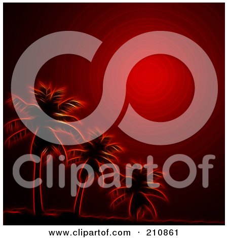 Royalty-Free (RF) Clipart Illustration of a Fiery Red Sky Above Summer Palm Trees by elaineitalia