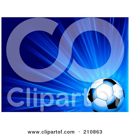 Royalty-Free (RF) Clipart Illustration of a Shiny Soccer Ball Over A Bursting Blue Background by elaineitalia