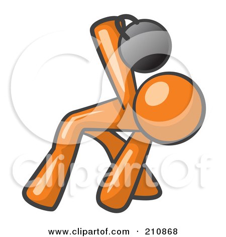 Royalty-Free (RF) Clipart Illustration of an Orange Man Design Mascot Bent Over And Working Out With A Kettlebell by Leo Blanchette