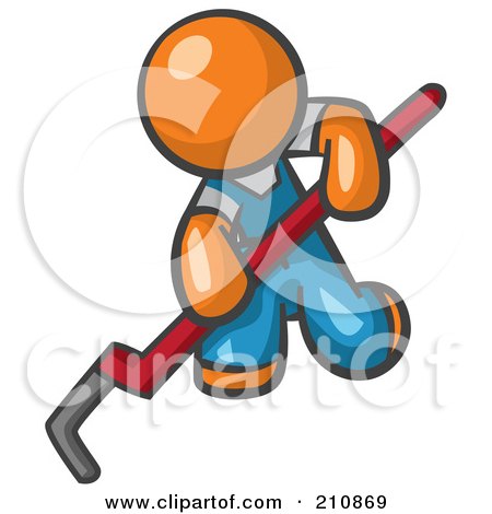 Royalty-Free (RF) Clipart Illustration of an Orange Man Design Mascot Kneeling And Using A Pipe Wrench by Leo Blanchette