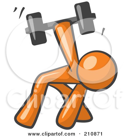 Royalty-Free (RF) Clipart Illustration of an Orange Man Design Mascot Bent Over And Working Out With A Dumbbell by Leo Blanchette