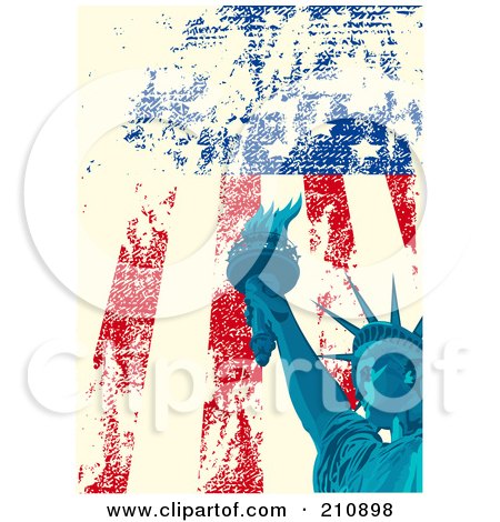 Royalty-Free (RF) Clipart Illustration of an American Grunge Background Of A Blue Statue Of Liberty Over A Distressed Flag by Pushkin