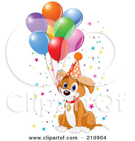 Royalty-Free (RF) Clipart Illustration of a Cute Beagle Puppy Dog Holding Balloon Strings In His Mouth And Wearing A Party Hat by Pushkin