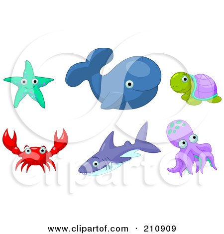 Royalty-Free (RF) Clipart Illustration of a Digital Collage Of A Starfish, Whale, Turtle, Crab, Shark And Octopus by Pushkin