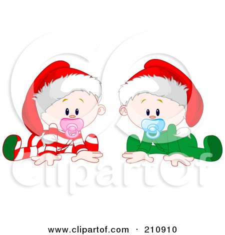 Royalty-Free (RF) Clipart Illustration of a Twin Baby Boy And Girl In Christmas Pajamas And Hats by Pushkin