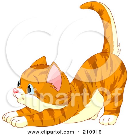 Royalty-Free (RF) Clipart Illustration of a Cute Striped Ginger Cat Stretching And Facing Left by Pushkin