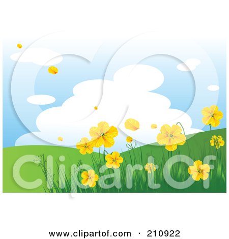 Royalty-Free (RF) Clipart Illustration of a Hilly Landscape Background With Yellow Flowers by Pushkin
