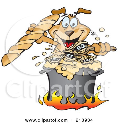 Royalty-Free (RF) Clipart Illustration of a Sparkey Dog Holding Bread And Cooking Clam Chowder by Dennis Holmes Designs