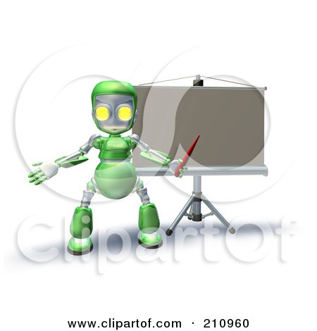 Royalty-Free (RF) Clipart Illustration of a 3d Green Robot Character Teaching In Front Of A Board by AtStockIllustration