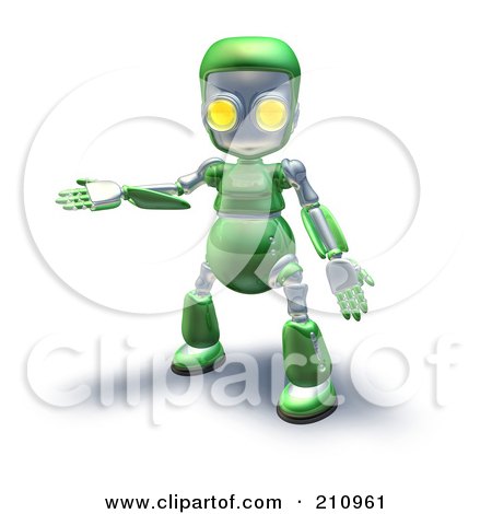 Royalty-Free (RF) Clipart Illustration of a 3d Green Robot Character Presenting To The Left by AtStockIllustration