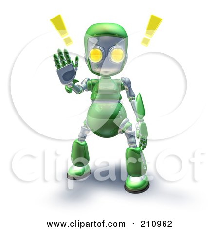Royalty-Free (RF) Clipart Illustration of a 3d Green Robot Character Holding A Hand Up To Stop by AtStockIllustration