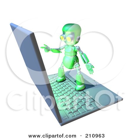 Royalty-Free (RF) Clipart Illustration of a 3d Green Robot Character Standing On A Giant Laptop by AtStockIllustration