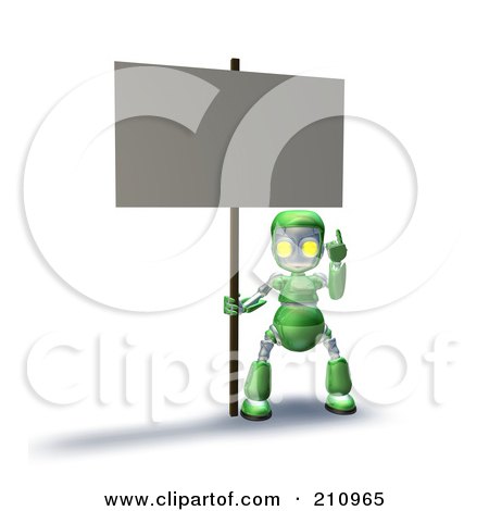 Royalty-Free (RF) Clipart Illustration of a 3d Green Robot Character Pointing Up And Holding A Blank Sign by AtStockIllustration