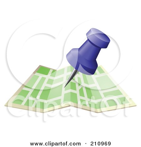 Royalty-Free (RF) Clipart Illustration of a Blue 3d Push Pin Over A Green Street Map by AtStockIllustration