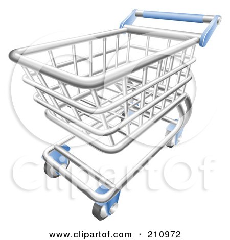 Royalty-Free (RF) Clipart Illustration of a 3d Chrome Trolly Shopping Cart With A Blue Handle by AtStockIllustration