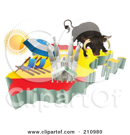 Royalty-Free (RF) Clipart Illustration of 3d Spanish Tourist Attractions Over A Flag Map Of Spain by AtStockIllustration