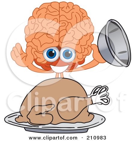 Royalty-Free (RF) Clipart Illustration of a Brain Guy Character Mascot Serving A Thanksgiving Turkey by Mascot Junction