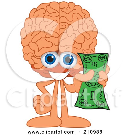Royalty-Free (RF) Clipart Illustration of a Brain Guy Character Mascot Holding Cash by Mascot Junction