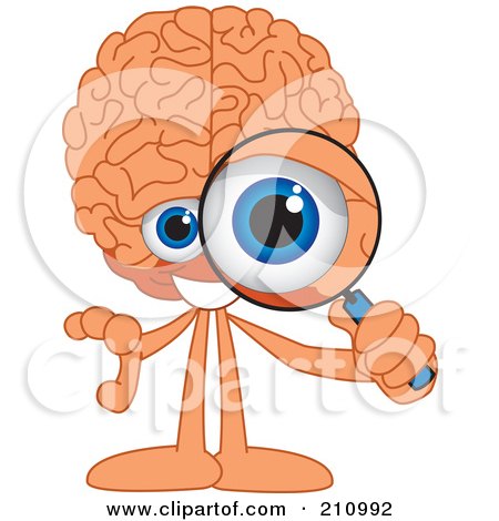 Royalty-Free (RF) Clipart Illustration of a Brain Guy Character Mascot Looking Through A Magnifying Glass by Mascot Junction