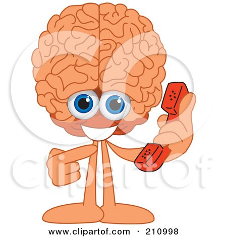 Royalty-Free (RF) Clipart Illustration of a Brain Guy Character Mascot Holding A Phone by Mascot Junction