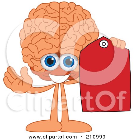 Royalty-Free (RF) Clipart Illustration of a Brain Guy Character Holding A Blank Red Tag by Mascot Junction