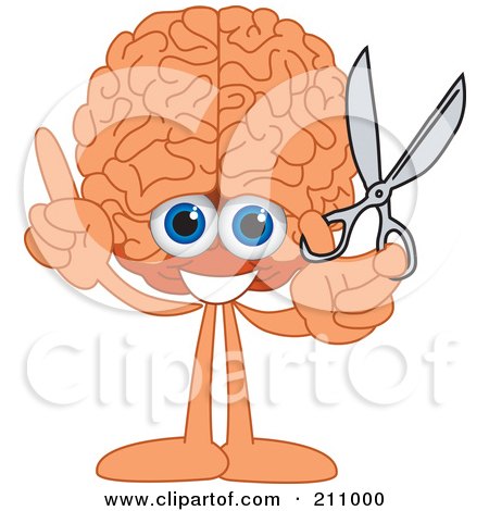 Royalty-Free (RF) Clipart Illustration of a Brain Guy Character Mascot Holding Scissors by Mascot Junction