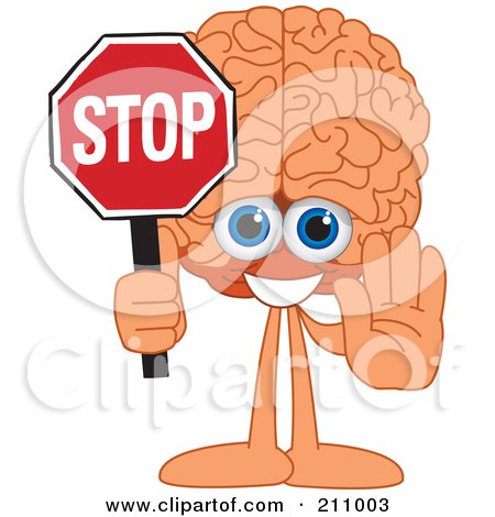 Royalty-Free (RF) Clipart Illustration of a Brain Guy Character Mascot Holding A Stop Sign by Mascot Junction