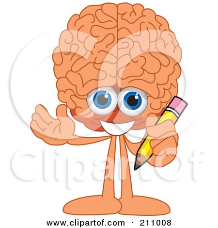 Royalty-Free (RF) Clipart Illustration of a Brain Guy Character Mascot Holding A Pencil by Mascot Junction
