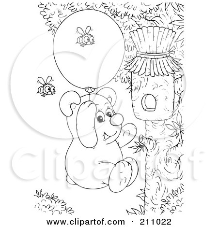 Royalty-Free (RF) Clipart Illustration of a Coloring Page Outline Of A Bear Using A Balloon To Float Up To A Honey Hive by Alex Bannykh
