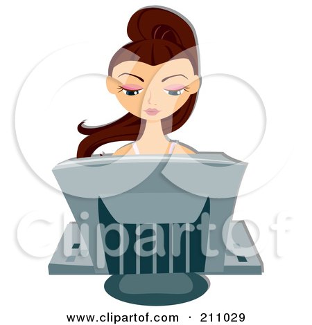 Royalty-Free (RF) Clipart Illustration of a Brunette Woman Sitting Behind A Computer by BNP Design Studio