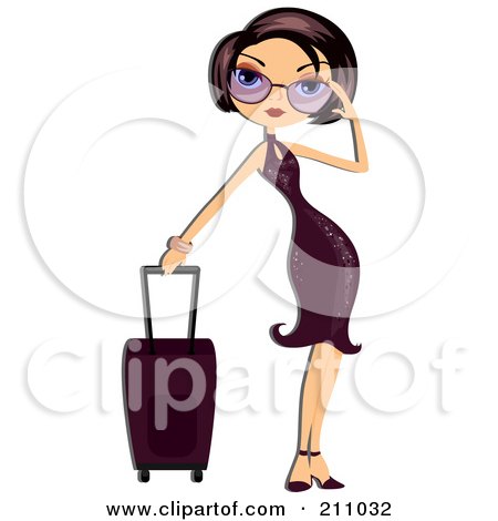 Royalty-Free (RF) Clipart Illustration of a Stylish Woman Adjusting Her Shades And Standing By Her Rolling Suitcase by BNP Design Studio