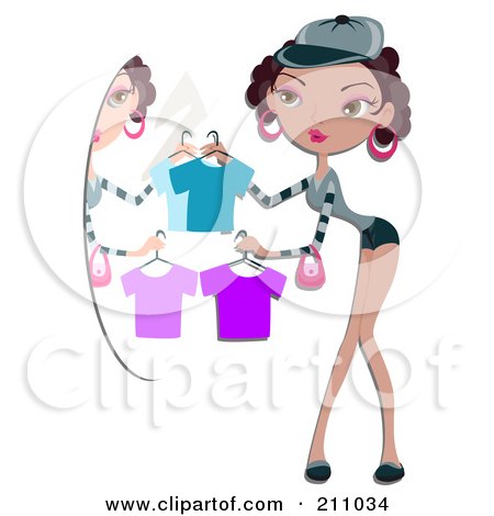 Royalty-Free (RF) Clipart Illustration of a Pretty Woman Holding Up Clothes In Front Of A Mirror by BNP Design Studio