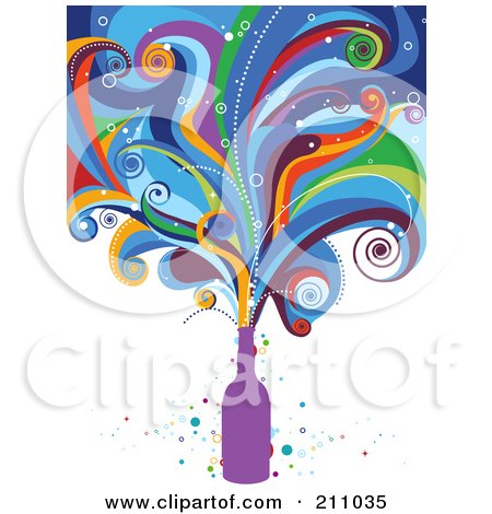 Royalty-Free (RF) Clipart Illustration of Colorful Waves Bursting From A Purple Bottle by BNP Design Studio