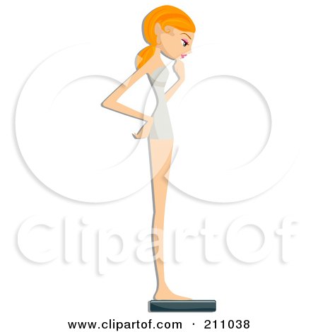Royalty-Free (RF) Clipart Illustration of a Strawberry Blond Woman Standing And Looking Down At A Scale by BNP Design Studio