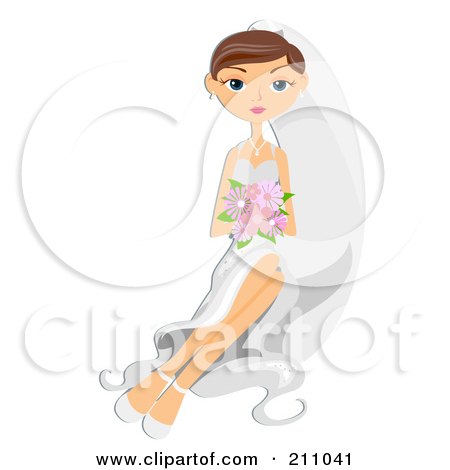 Royalty-Free (RF) Clipart Illustration of a Beautiful Brunette Bride Sitting In Her Gown And Holding Flowers by BNP Design Studio