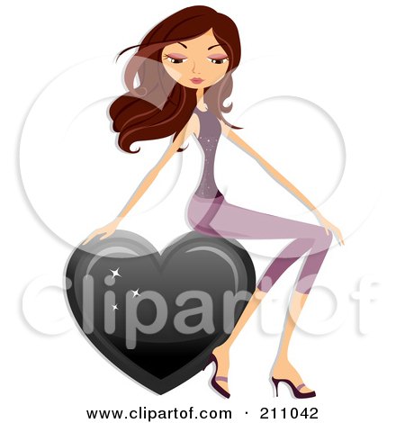 Royalty-Free (RF) Clipart Illustration of a Stylish Brunette Woman Sitting On A Heart Playing Card Symbol by BNP Design Studio