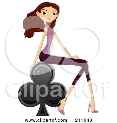 Royalty-Free (RF) Clipart Illustration of a Stylish Brunette Woman Sitting On A Club Playing Card Symbol by BNP Design Studio