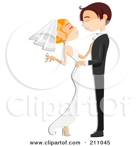 Royalty-Free (RF) Clipart Illustration of a Young Wedding Couple Embracing, About To Kiss Or Dance by BNP Design Studio