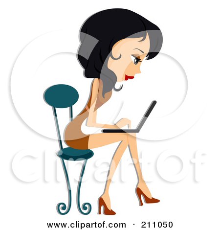 Royalty-Free (RF) Clipart Illustration of a Beautiful Black Haired Woman Sitting In A Chair And Using A Laptop by BNP Design Studio