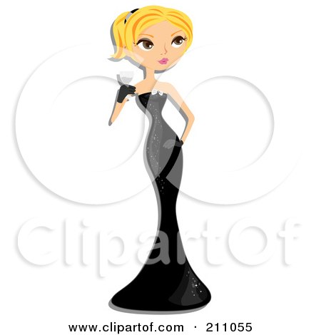 Royalty-Free (RF) Clipart Illustration of a Pretty Blond Woman In A Black Gown, Holding Champagne by BNP Design Studio