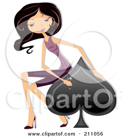 Royalty-Free (RF) Clipart Illustration of a Stylish Brunette Woman Sitting On A Spade Playing Card Symbol by BNP Design Studio