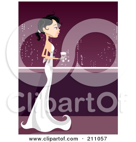 Royalty-Free (RF) Clipart Illustration of a Pretty Black Haired Woman In A White Gown, Drinking Wine And Viewing A City by BNP Design Studio