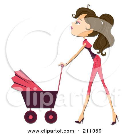 Royalty-Free (RF) Clipart Illustration of a Pretty Brunette Mother Walking With A Baby Stroller by BNP Design Studio