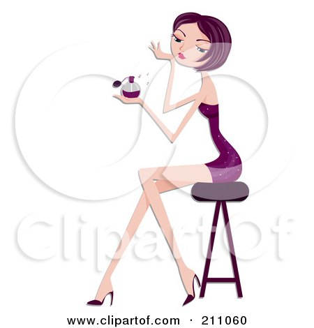 Royalty-Free (RF) Clipart Illustration of a Pretty Woman In A Purple Dress, Sitting On A Stool And Spritzing Perfume by BNP Design Studio