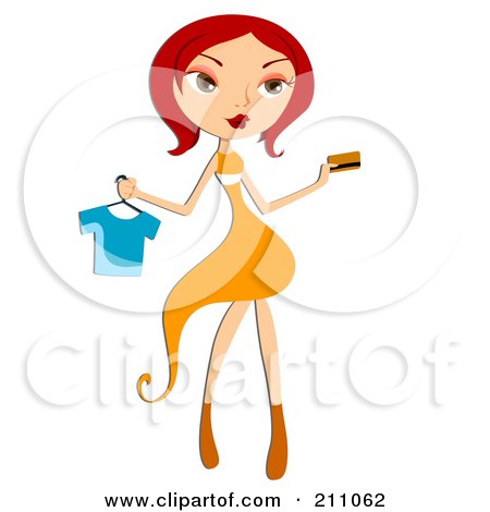 Royalty-Free (RF) Clipart Illustration of a Pretty Red Haired Woman Buying A Shirt With A Credit Card by BNP Design Studio