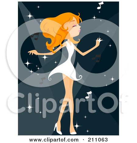 Royalty-Free (RF) Clipart Illustration of a Pretty Blond Woman Dancing In A White Dress Over Blue by BNP Design Studio