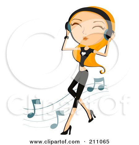Royalty-Free (RF) Clipart Illustration of a Happy Blond Woman Dancing And Holding Onto Headphones by BNP Design Studio