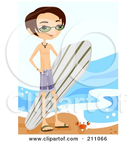 Royalty-Free (RF) Clipart Illustration of a Young Surfer Guy Carrying His Surfboard And Standing By A Crab On The Beach by BNP Design Studio