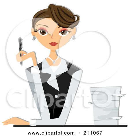 Royalty-Free (RF) Clipart Illustration of a Beautiful Brunette Businesswoman Sitting At A Desk With A Stack Of Paperwork by BNP Design Studio