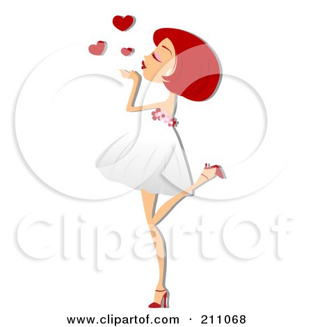 Royalty-Free (RF) Clipart Illustration of a Pretty Red Haired Woman Blowing Heart Kisses In A White Dress by BNP Design Studio